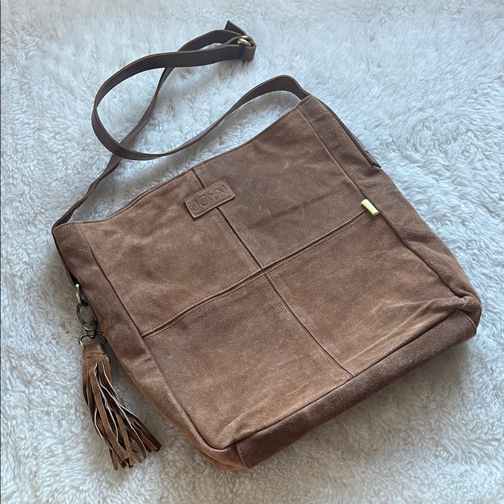 JOYN Brown Suede Crossbody Tote Shoulder Bag with adjustable leather strap